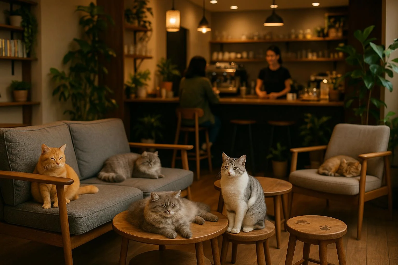 Interior of modern cat cafe with comfortable seating and feline-friendly design