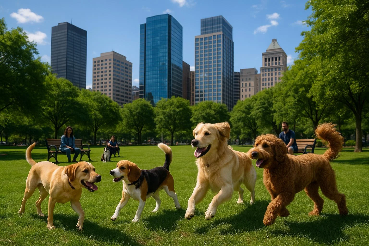 Dogs playing together in spacious urban dog park with city skyline background