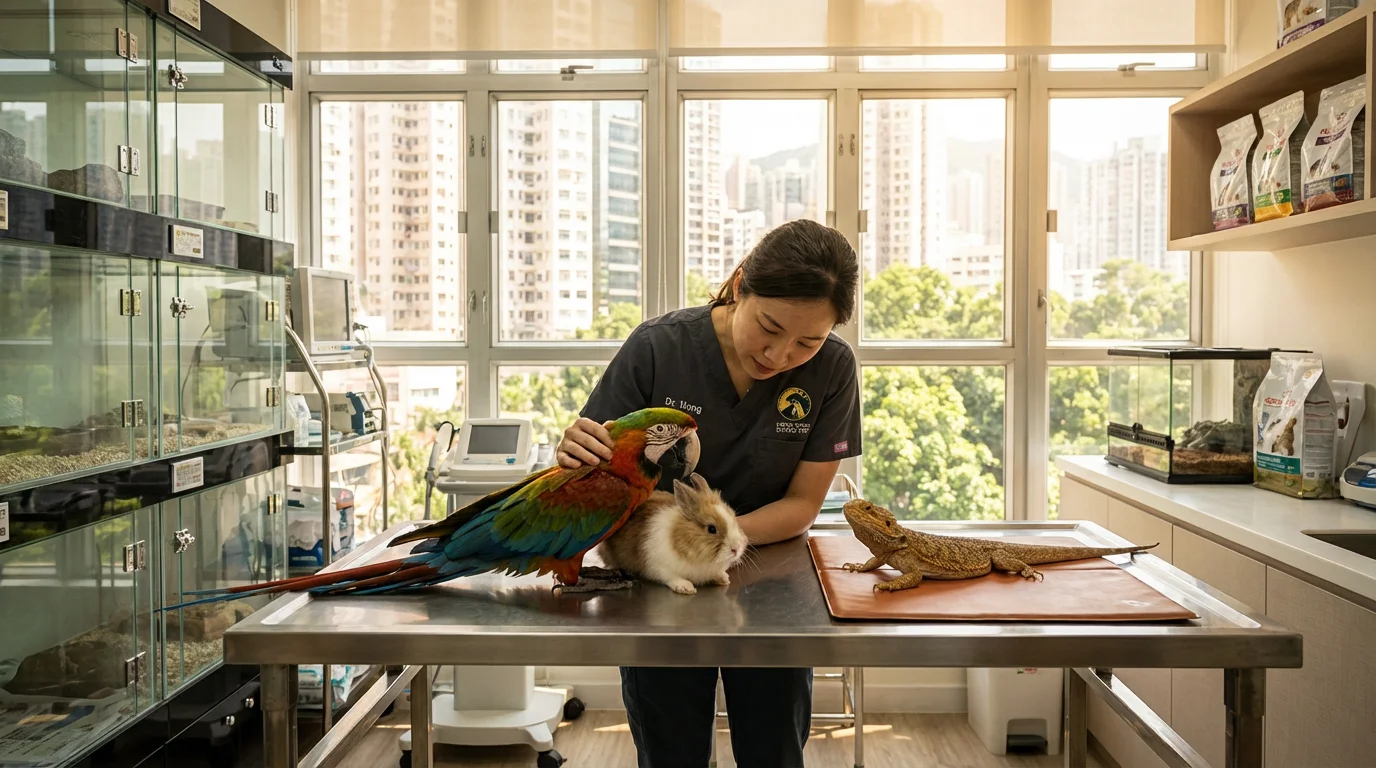 Veterinarian examining exotic pet in specialized animal hospital