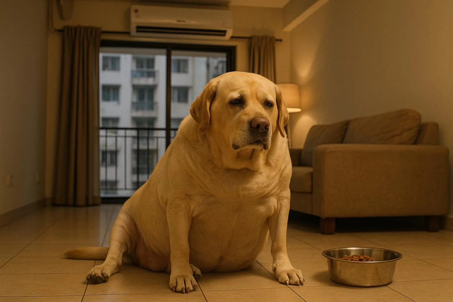 Overweight pet dog in urban Indian apartment highlighting obesity concerns