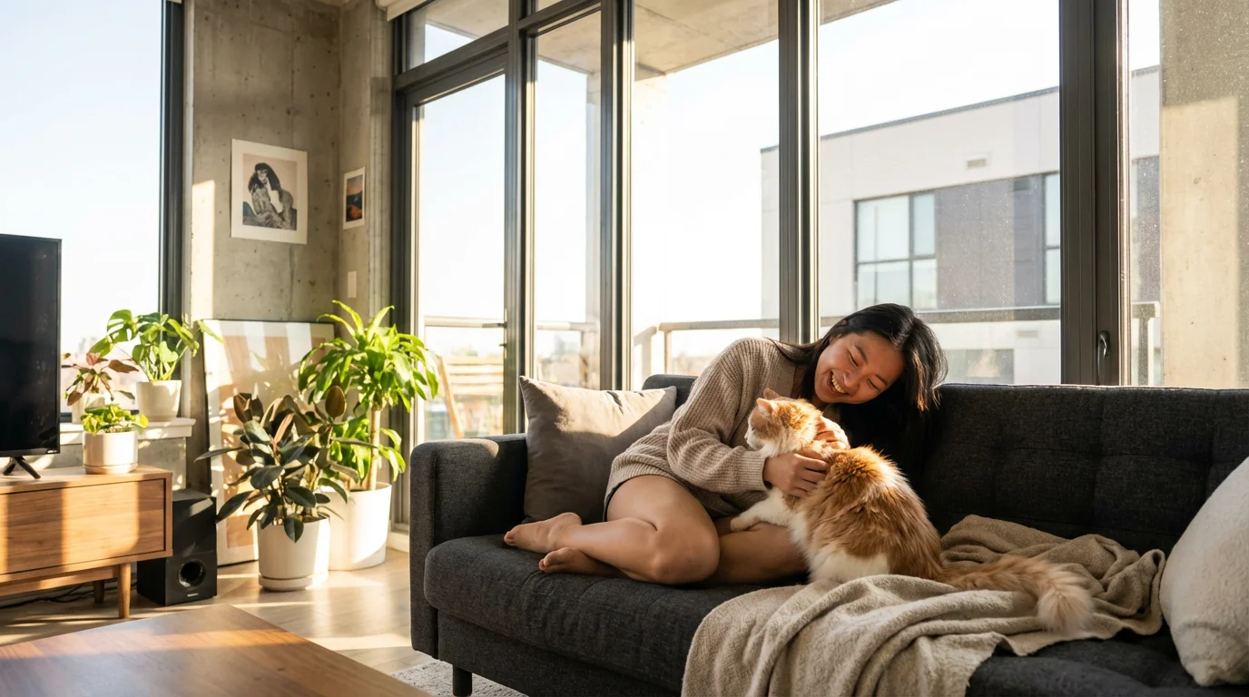 Young Asian millennial woman in modern apartment with her golden retriever, working on laptop with pet nearby