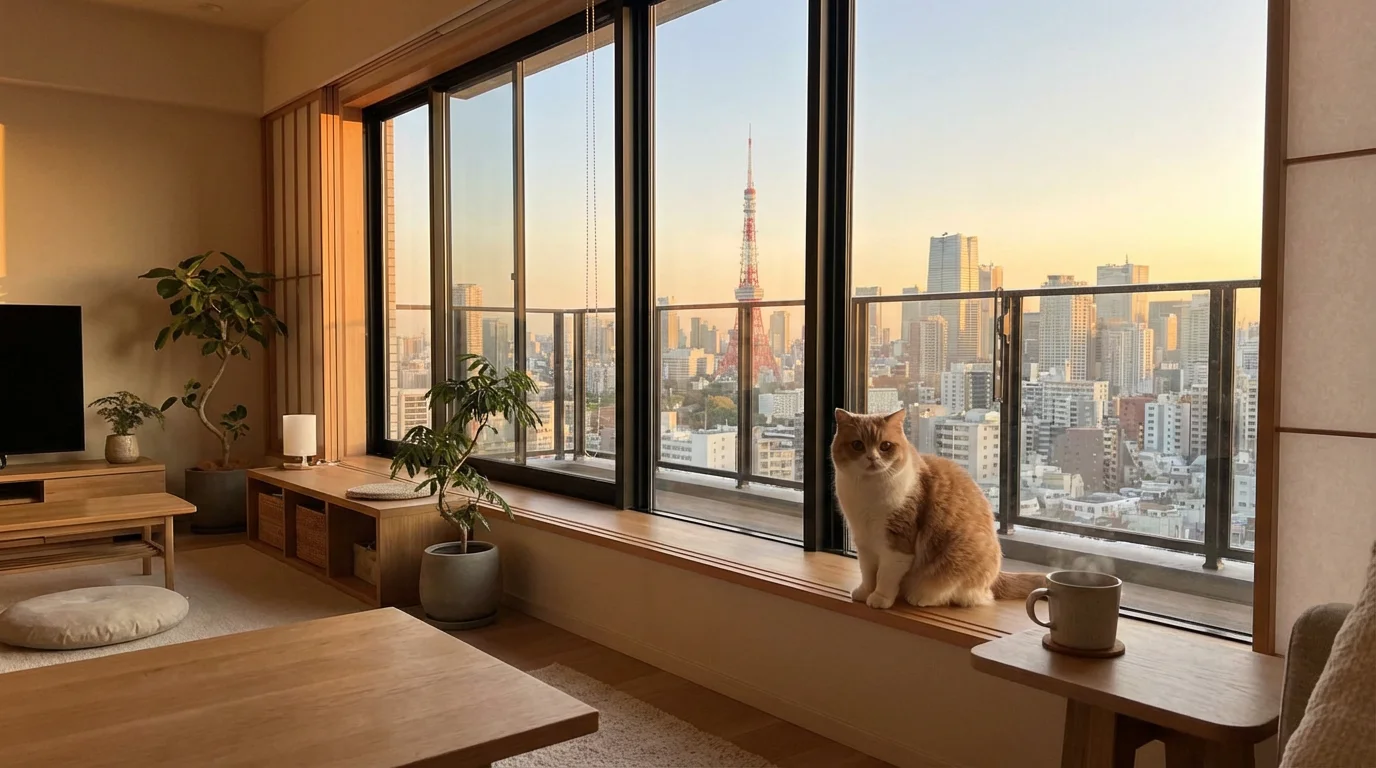 Cat in modern Tokyo apartment with city skyline view through window