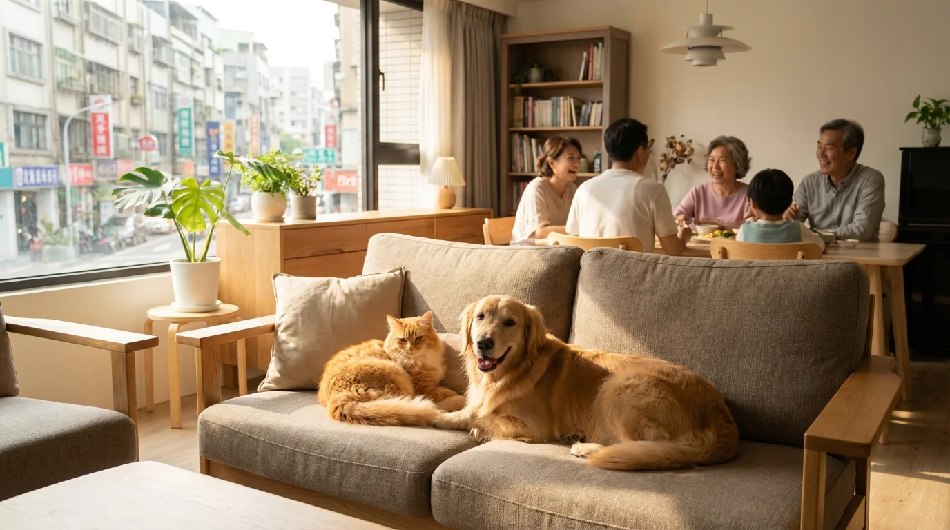 Cat and dog together in modern Taiwanese apartment with family